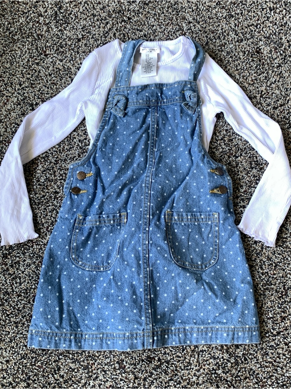 Girls Size 5 Denim polkadot dress with white long sleeve ribbed shirt